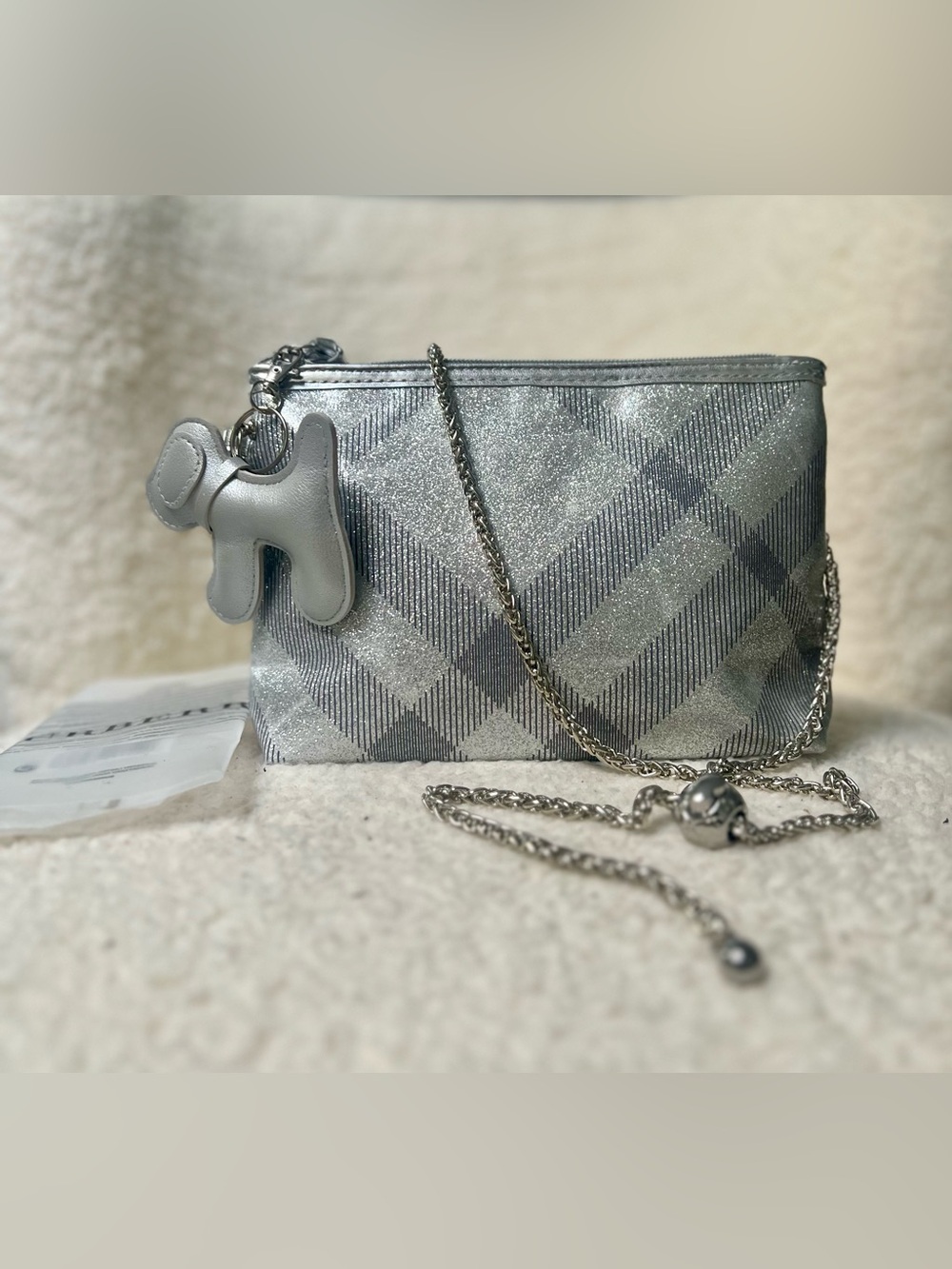 Burberry Upcycled Silver Plaid Crossbody Bag with removable strap and Dog Charm